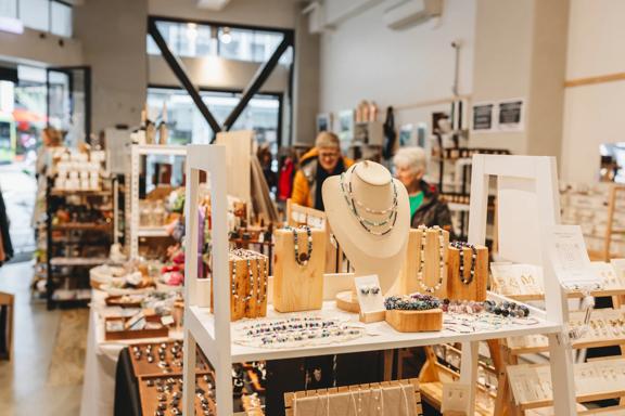 Inside the Welly Collective shop on Featherston Street off Lambton Quay in Wellington city centre. Many trinkets, jewellery and other locally-made gifts are on display.