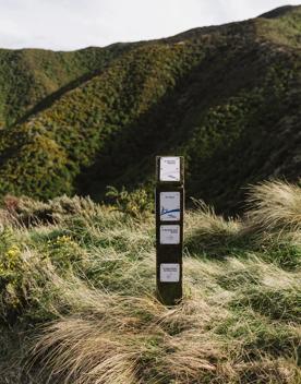 A signpost near the summit of Tip Track showing different directions.