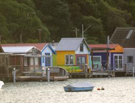 The Mana Boatsheds in Porirua, New Zealand. Two boats are floating in front and a green lush forest is seen behind the houses. 