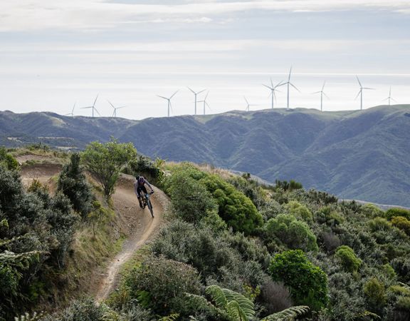 A mountain biker rides along a track on a mountain range.
