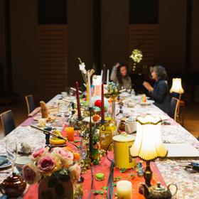 A table with wacky decor set up for the filmmakers of Unesco Diverse Voices.