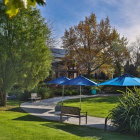 Outdoor seating area at Luna Estate with blue umbrellas