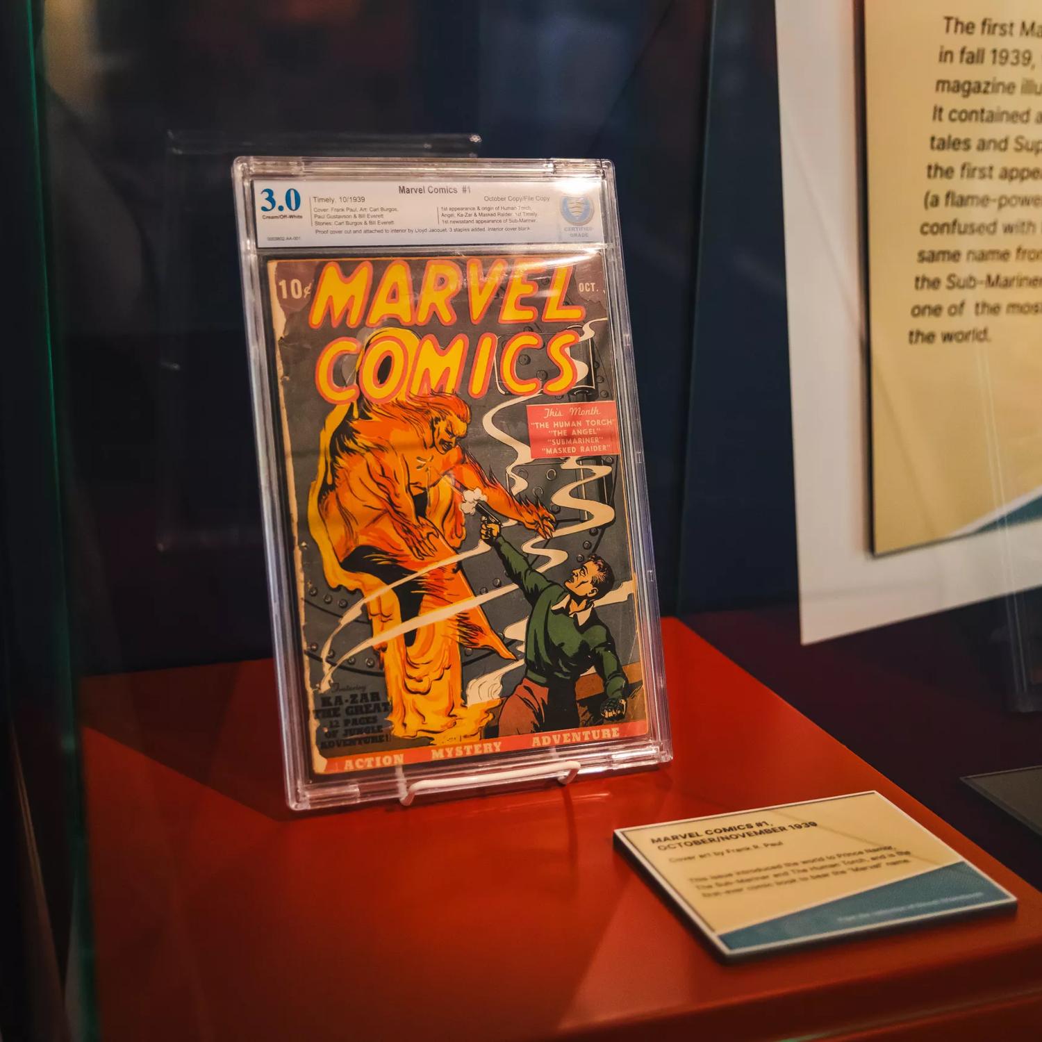 A vintage comic book on display at Marvel: Earth's Mightiest Exhibition.