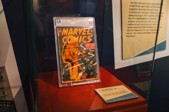 A vintage comic book on display at Marvel: Earth's Mightiest Exhibition.