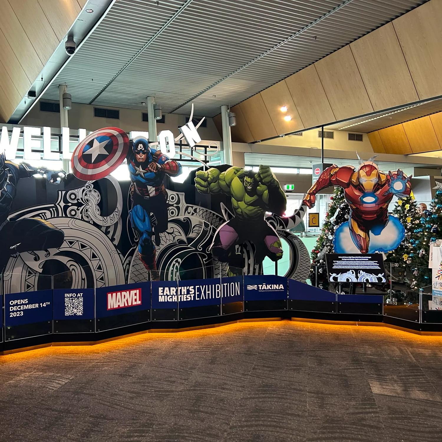 The Marvel display at Wellington Airport promoting Marvel: Earth’s Mightiest Exhibition at Tākina Wellington Convention & Exhibition Centre.