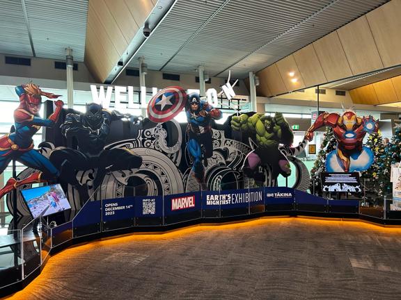 The Marvel display at Wellington Airport promoting Marvel: Earth’s Mightiest Exhibition at Tākina Wellington Convention & Exhibition Centre.