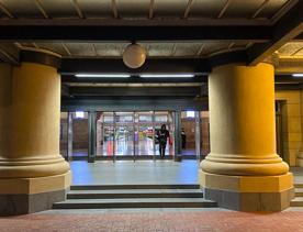 Exterior of Wellington train station with large stone columns.