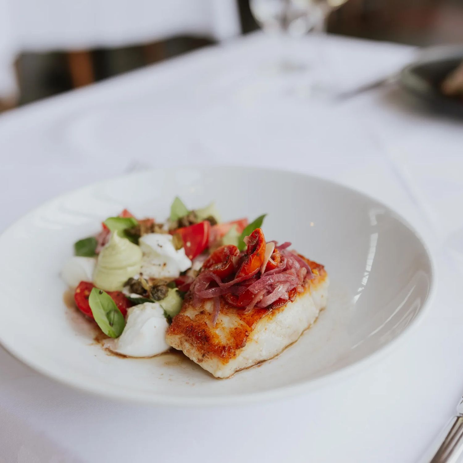 A dish with a fish fillet and assorted vegetables at Shed 5.