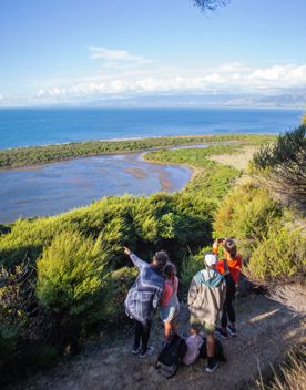 A family on the Okupe Valley Loop Track on Kapiti Island. They are standing at a viewpoint where they can see the Kāpiti Coast.