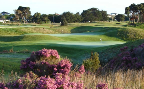 Golf green at Paraparaumu Beach Golf Club with purple flowers in the foreground.
