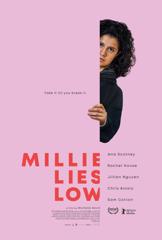 A pink movie poster for Millie Lies Low, where she is peeking Around a corner.