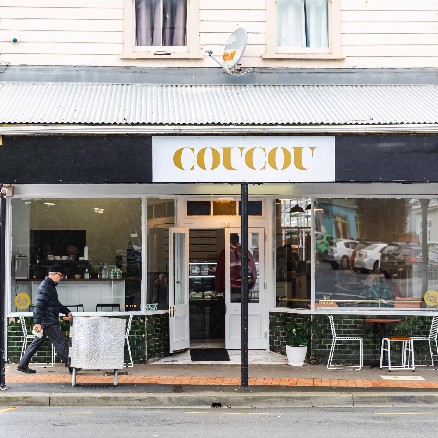 The front exterior of Coucou café, Island Bay.