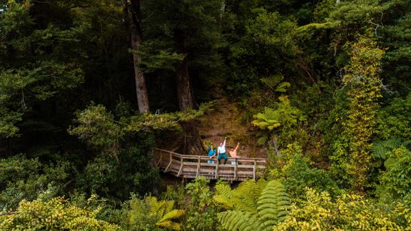 Three people are on a wooden bridge waving on Tane's Track, a walking trail in Upper Hutt, Hutt Valley. They are surrounded by lush greenery.