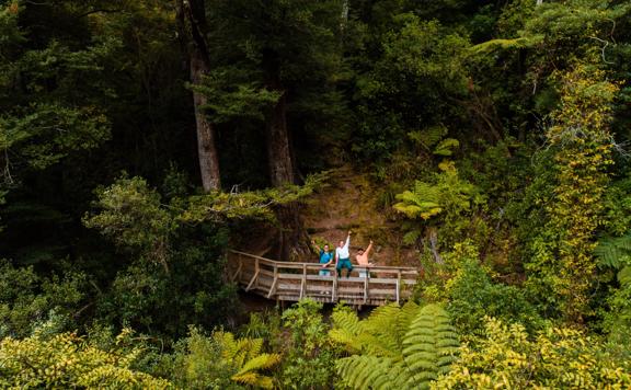 Three people are on a wooden bridge waving on Tane's Track, a walking trail in Upper Hutt, Hutt Valley. They are surrounded by lush greenery.
