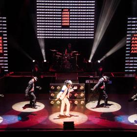 A Michael Jackson tribute show concert. Michael dances centre-stage with four backup dancers and a five-piece band.