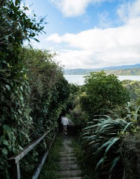 A person wearing a light grey jumper walks down the steps on the Eastern Walkway in Wellington.