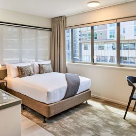 A room at the Sojourn Apartment Hotel, a 4.5 star hotel located on Ghuznee Street in Te Aro, Wellington.