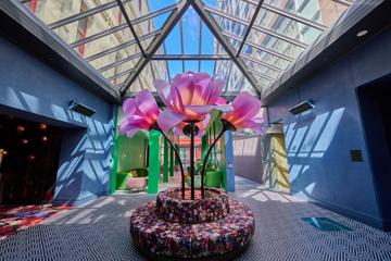 Inside the foyer of Naumi Studio Wellington, where a large pink flower statue sits on top of an upholstered circular seat with flower designs. The room is all glass, the walls are blue, and the floor is a geometric pattern.