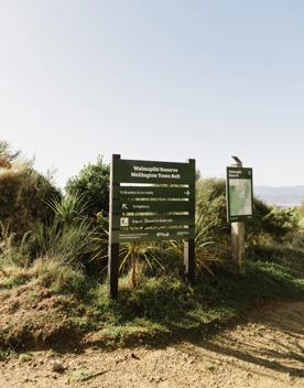 A wooden sign on the Fenceline track in Waimapihi Reserve shows directions. 