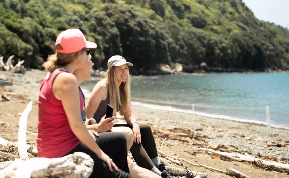 Three people sit on a log on a Kapiti Island beach, looking out over the water.