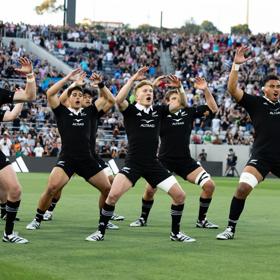 The New Zealand All Blacks rugby team perform their haka on the field with sports fans watching from the stands. 