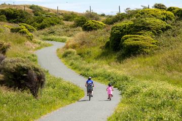 Two people ride bicycles along a paved path surrounded by tall grass and trees.