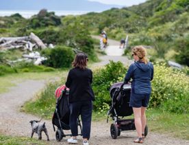 Two people walk along a trail, pushing strollers, the one on the left is also walking a dog.